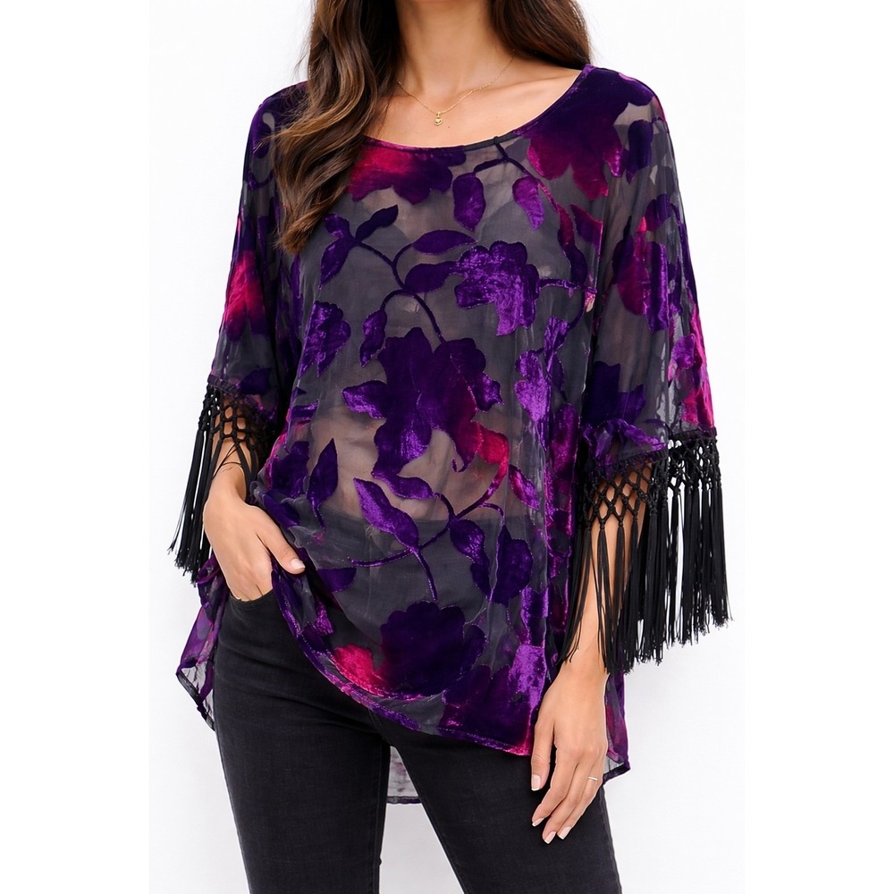 Jeans by Buffalo Fairy Velvet Burnout Tunic Top Size S Whimsigoth Fringe